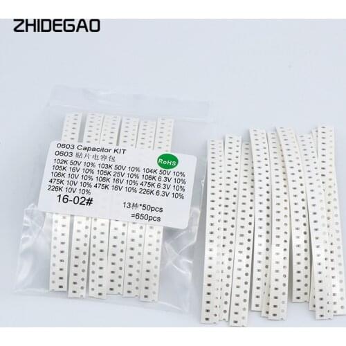 0603 SMD Ceramic Capacitor Assorted Kit 1NF-4.7uF 13values*50pcs=650pcs Chip Ceramic Capacitor Samples Ki