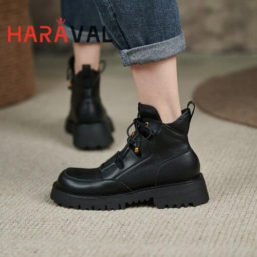 HARAVAL Women Ankle Boots Shoes Motorcycle Boots Thick Bottom Round Toe Cross-tied Genuine Leather Footwear Shoes Women E462L