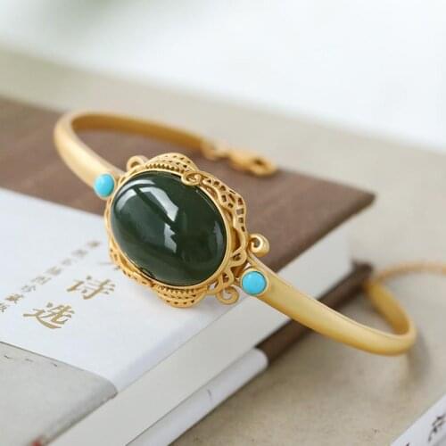 S925 Sterling Silver Turquoise Bracelet Inlaid Natural Hetian Jade Gray Jade Ancient Style Oval Retro Ethnic Style Bracelet Orna
