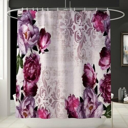 Floral Shower Curtain Bathroom Rug Set Soft Bath Mat Non-Slip Toilet Lid Cover Anti-rust Metal Buttonhole Toilet Room Decor
