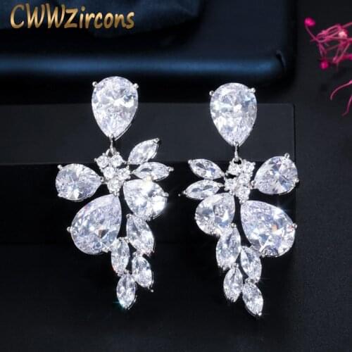 CWWZircons Austrian Design Flower Shape Cubic Zirconia Big Crystal Drop Bridal Long Earring for Wedding Brides Accessories CZ247