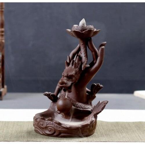 Zisha Ceramic Dragon Backflow Incense Burner Smoke Waterfall Lotus Incense Sticks Holder Zen Home Decor Porcelain Ornaments