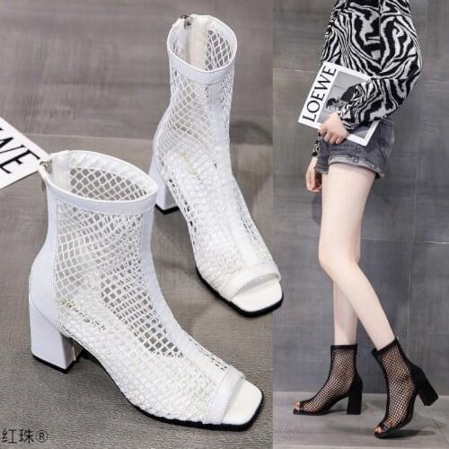 2021 summer new fish mouth short tube high heel hollow female breathable Martin boots thick heel sandals