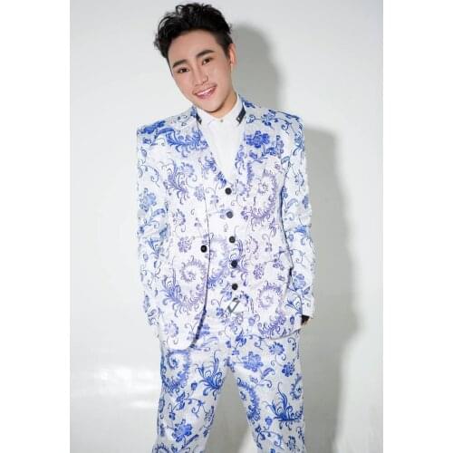 Fashion Vintage Mens Chinese Blue and White Porcelain Slim Suit Costumes Europe and the United States Stage show clothing set