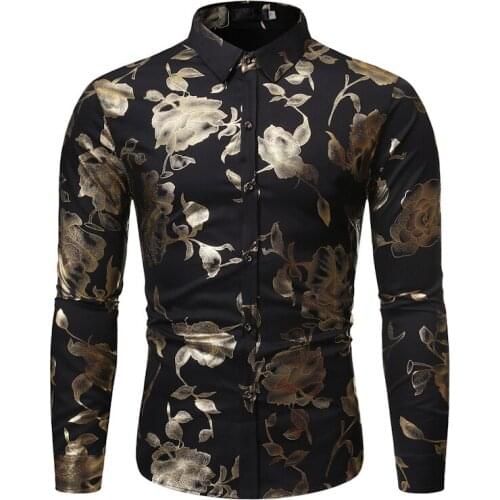Mens Long Sleeve Shirts 2019 Fashion Black Floral Print Dress Shirt Men Slim Fit Party Wedding Business Camisa Social Shirt Male