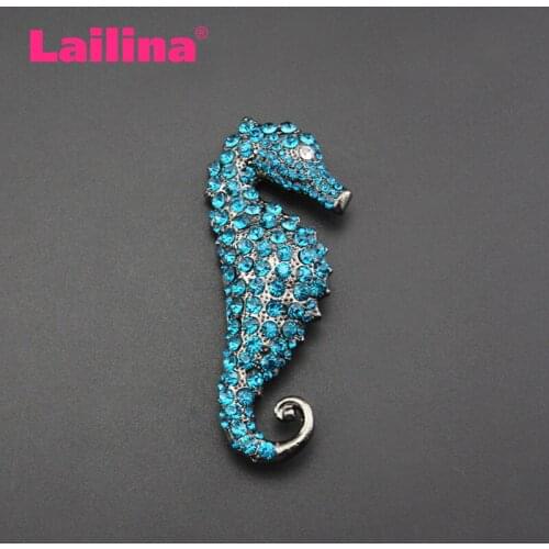 New Fashion Blue Zircon Rhinestone Gun Color Pin Rhinestone Hippocampal Brooches For Women