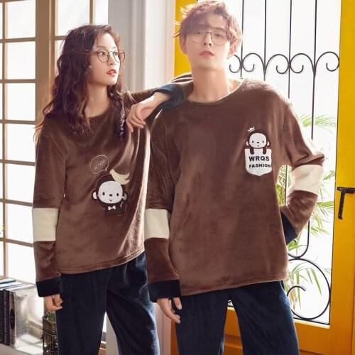 New Autumn Winter Warm Flannel Lovers Pyjamas Sets Thick Coral Velvet Long Sleeve Cartoon Sleepwear Men Flannel Pajamas Set Girl