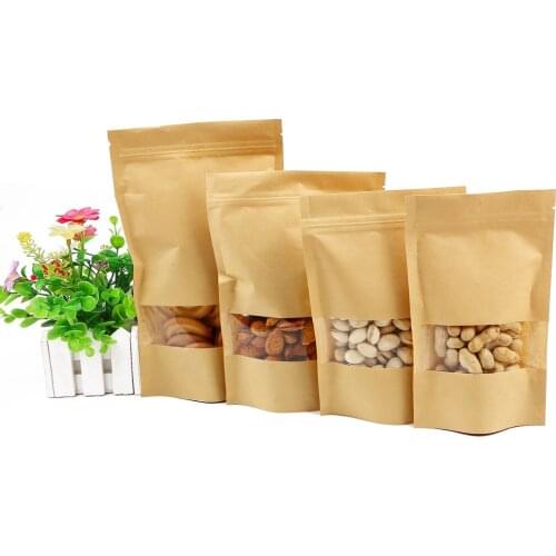 10pcs/lot Brown Kraft Paper Zip Lock Bag Self Sealing Stand up Window Bag Gift Dried Food Fruit Tea Packaging Pouches