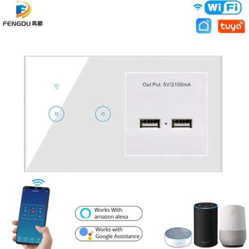 Tuya Smart Life WiFi Smart Home Switch with USB Port 1 2 3 Gang 90-240V Touch Wall Light Switch Work with Google Assistant Alexa