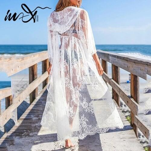 In-X Sexy lace beach dress Hooded long kaftan kimono Transparent swimsuit cover ups White Beach wear Bathing suit Cover up new