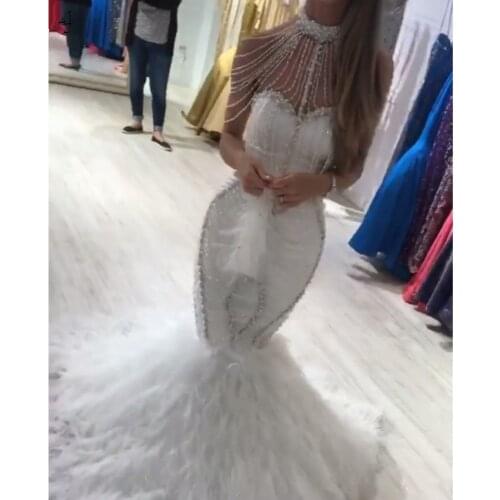 Amazing Beading FEATHERS Mermaid Evening Dress Luxury Pearls High Neck Full Beaded Chic Prom Dresses Custom Made Party Gowns