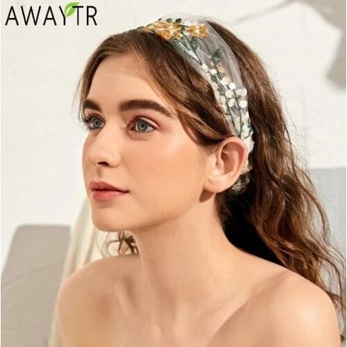 2020 New Women Elegant Embroidery Flower Chiffon Headband Bandans Sweet Hair Ornament Hairband Turban Fashion Hair Accessories