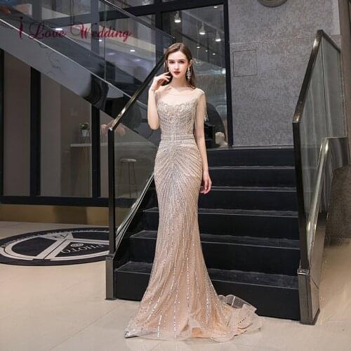 Luxury Evening Dresses Long Half Sleeves Crystal Beaded Trumpet Party Gown Robe De Soiree Formal Long Party Gown