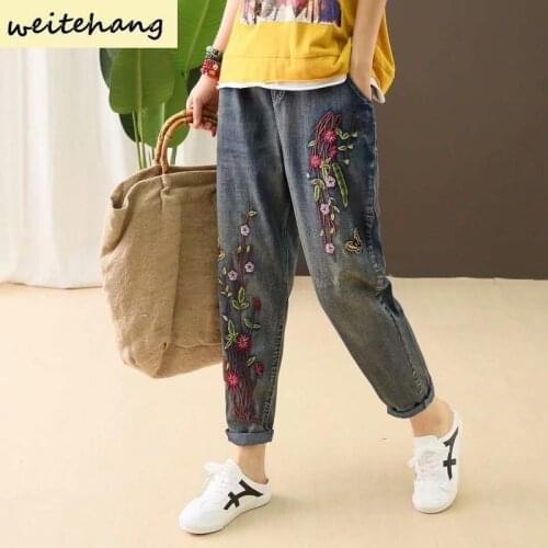 New Arrival Spring Autumn Women Jeans Elastic Waist Cotton Denim Harem Pants Flower Embroidery Vintage Loose Fashion Jeans 461