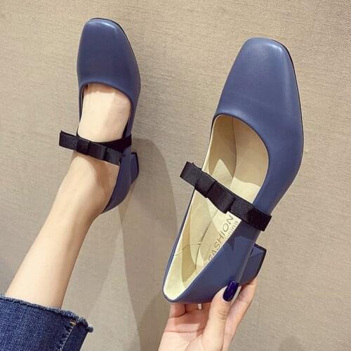 Plus Size 35-42 Women Mary Janes Shoes Square Heels Dress Shoes Red Bow Boat Shoes Square Toe Pumps Mid Heel Zapatos Mujer