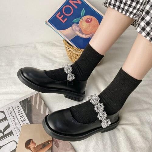 2021 New Spring Women Mary Janes Shoes Crystal flowers Princess Shoes Patent Leather Lolita Shoes Black zapatos mujer 8918G