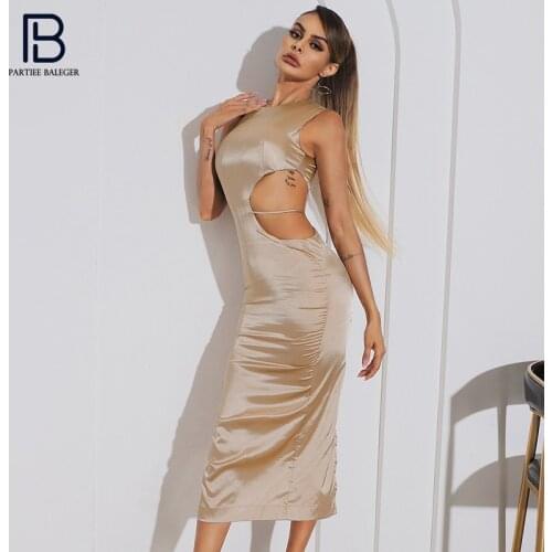 PB Chic Beige Satin Midi Dress Sexy Waist Hollow Out Design O Neck Sleeveless Celebrity Party Club Free Shipping
