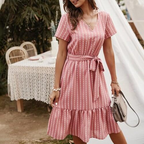 Summer Dresses Women 2021 V-neck Elegant Casual A-line Midi Dress Vintage Yellow Pink Stripe Lace-up Sundress Party Vestidos