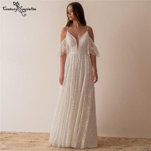 Boho Wedding Dresses for Women 2021 Off the Shoulder Backless A-Line Lace Bohemian Bride Dress Beach Bridal Gowns Robe De Mariee