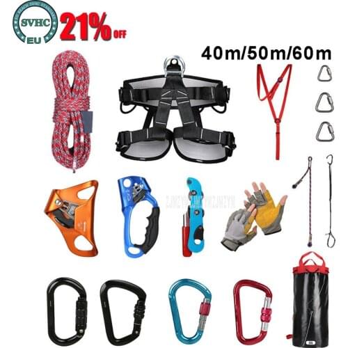 40m/50m/60m Outdoor Rock Climbing Equipment Mountaineering Climbing Rope Set with Safety Belt/Buckle/Descender/Riser/Storage Bag