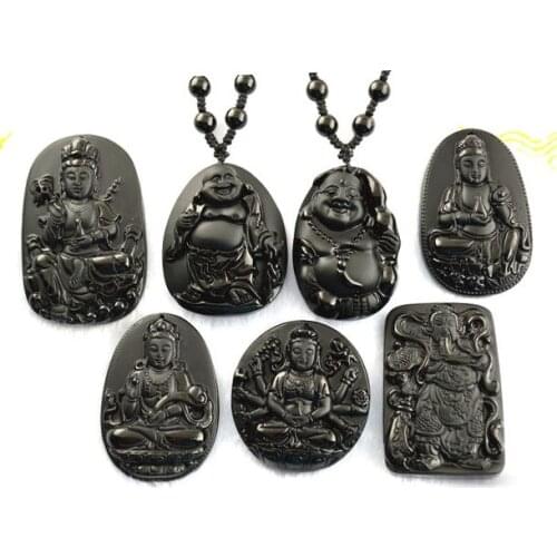 5PCs Mixed Style Buddhism Buddha Pendants & Necklaces Natural Black Obsidian Carved Jewelry Christmas Gift