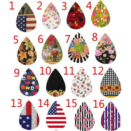 16 Styles Stock 50Pcs/25pairs Faux Leather Teardrop Earrings Leaves Flower 4th Of July Flag Earrings New ! Double Imprint
