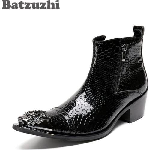 Batzuzhi Fashion Men Boots Pointed Iron Toe Zipper Mens Ankle Boots Designer Black Leather Men Boots Cowboy bota masculina