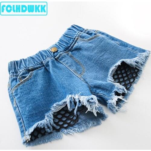 Girls Shorts Denim Cartoon Pattern Baby Ripped Jeans Short Pants For Summer Kids Trousers Flower Girls Children Clothes