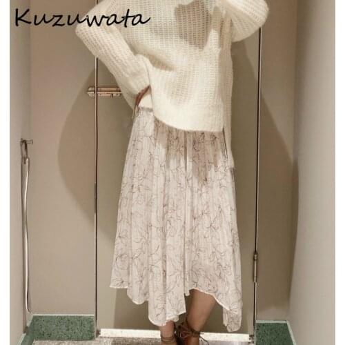 Elegant Chic Sweet Print Asymmetrical Women Skirts 2021 New Stretch Waist Pleated Skirt Spring Mid Length Jupe 1H964