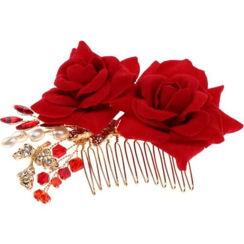 Elegant Pearl Crystal Red Flower Bridal Hair Comb Wedding Hair Piece Accessories