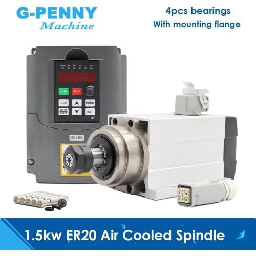 1.5kw ER20 air cooled spindle motor square type with flange air cooling 4 pcs bearings 0.01mm accuracy & HY 1.5kw inverter/VFD