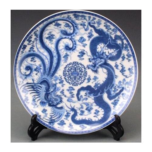 Exquisite Chinese Handmade Blue and White Porcelain Plate Painted With Dragon Phoenix Designs