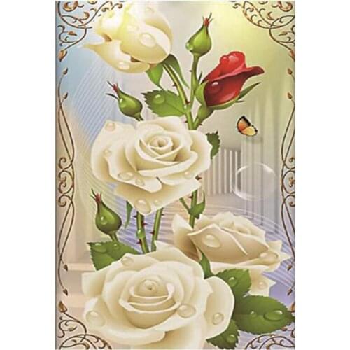 5D DIY Beautiful White Pink Rose Flowers Cross Stitch Embroidery Diamond Painting Wall Stickers Home Decoration FC474