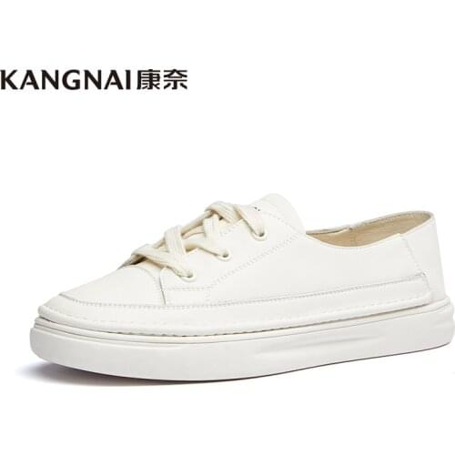 KANGNAI Women Sneakers White Shoes Split Leather Round Toe Footwear Lace-Up Spring Summer Casual Female Flats