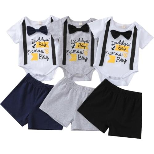 Baby Boys Two-piece Clothes Set, Letters Printed Pattern Romper and Solid Color Shorts, Black/ Grey/ Navy