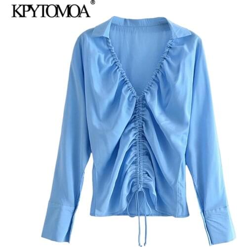 KPYTOMOA Women 2021 Fashion With Drawstring Pleats Fitted Blouses Vintage V Neck Long Sleeve Female Shirts Chic Tops