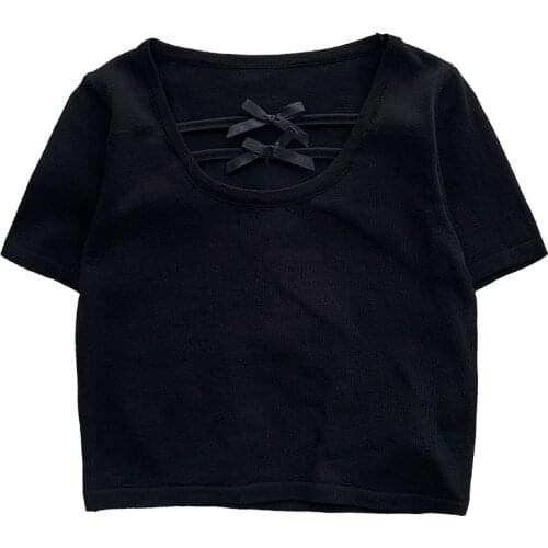 Summer black white o-neck slim stretch Short section knitted bow T-shirt