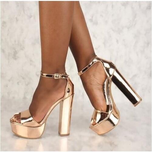 Hot Selling Rose Gold Women Square Heels Sandals Peep Toe High Platform Ankle Strap Banquet Dress Shoes Chunky Heels Ladies Pump