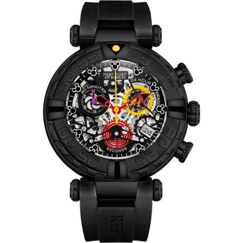 Reef Tiger RGA3059-S Men Sport Chronograp Fashion 10Bar Waterproof Skelet Quartz Wrist Watch With Rubber Watchband - Black