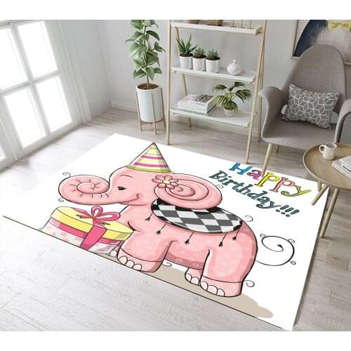 Childrens Room Floor Carpets Living Room Cushion Bathroom Area Mat Home Non-Slip Rugs Happy Birthday Cartoon Elephant With Gift
