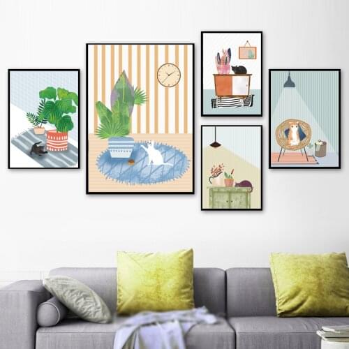 Tropical Plants Leaves Light Clock Cat Wall Art Canvas Painting Nordic Posters And Prints Wall Pictures For Living Room Decor