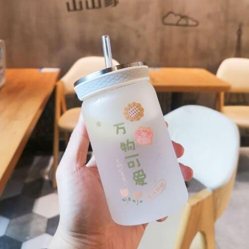 New Fashion Frosted Straw Glass Cup Cartoon Chaoyu Straight Cup Lovely Student Portable Beauty Water Cup