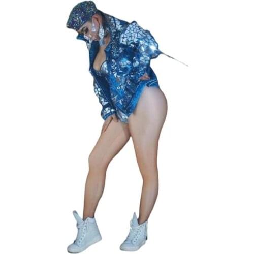 New Shining Mirror Blue Fake Denim Jacket Jazz Dance Show Outfit Birthday Celebrate Prom Party Nightclub Dress Singer Stage Wear