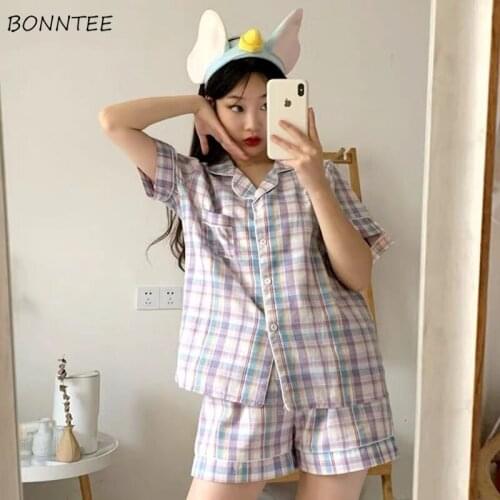 Pajama Sets Women Plaid Pockets Design Summer Homewear Students Fashion Basic New Arrival Hot Sale Sweet Two Piece BF Style Ins