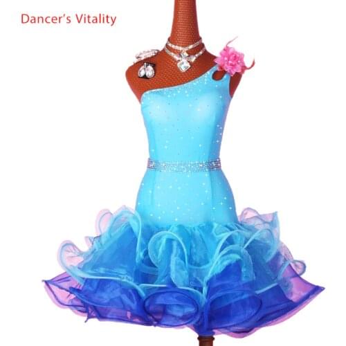 Dancers Vitality Latin Dance Dress Girls One Shoulder Cupcake Dress Latin Dress Salsa Samba Tango Ballroom Competition Costume