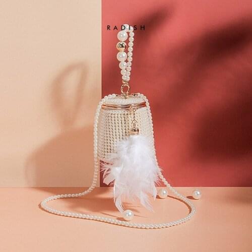 Pearl Portable Mini Bucket Bag Feather Tassel Beaded Slung Super Fairy Banquet Bag