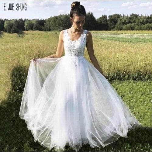 E JUE SHUNG Simple White Beach Wedding Dresses V Neck Appliques Zipper Back Elegant Tulle Women Bridal Dresses robe de mariage