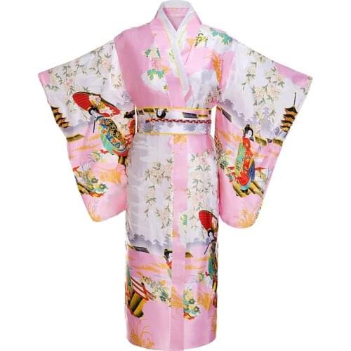Pink Woman Lady Japanese Tradition Yukata Kimono With Obi Flower Vintage Evening Dress Cosplay Costume One size ZW03