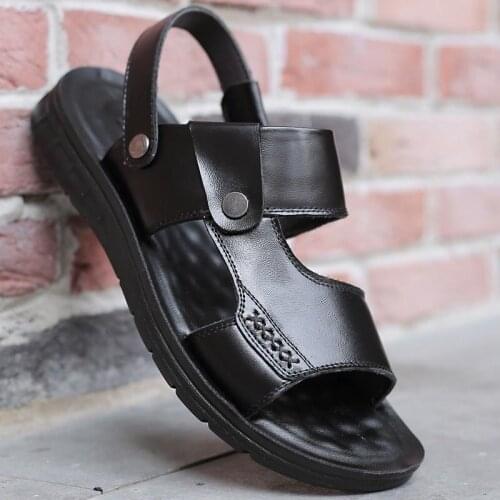 Sandals mens summer slippers dad shoes antiskid beach shoes summer middle aged soft sole leather new all leather