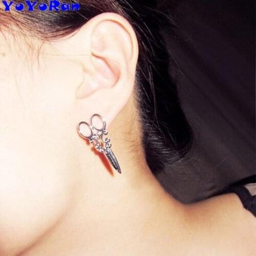 YoYoRan 1 Pair silver scissors stud earrings for woman girl metal cartoon earring cute tool hair clipper earring jewelry gift